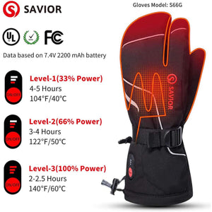 Savior S66G heated gloves showing three heat settings with battery life and temperature specifications
