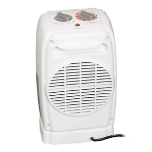 World Marketing white portable electric space heater with two control knobs and a front grille