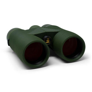Olive green binoculars with a central focus wheel and gold logo