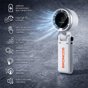 Broncos portable handheld fan with digital display and eight listed product features