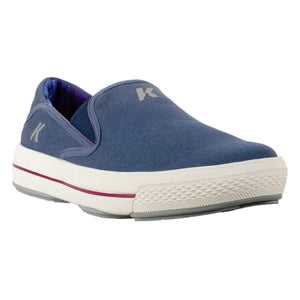 Korkers blue canvas slip on shoe with white rubber sole