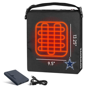 ActionHeat Dallas Cowboys heated seat cushion with dimensions and power bank