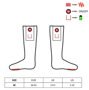 Glovii heated socks diagram showing heating elements and size chart for medium