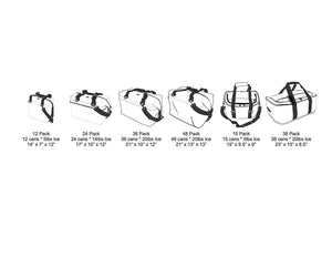 Size comparison chart for cooler bags showing capacity and dimensions for 12, 24, 36, 48, 15, and 38 pack models
