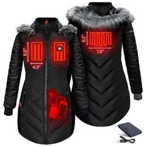 ActionHeat black heated parka showing heating element locations and battery pack