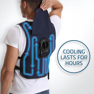 Person wearing a navy blue cooling vest with illustrated blue arrows showing airflow circulation