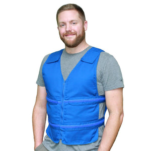 Man wearing a blue Polar Products cooling vest over a grey t-shirt