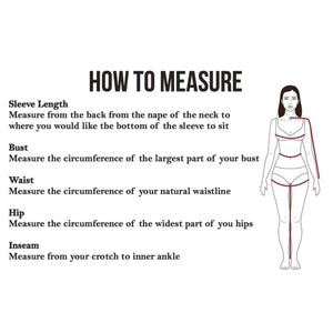 Diagram showing how to measure sleeve length bust waist hip and inseam on a female figure