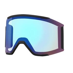 Black ski goggles with a reflective blue lens