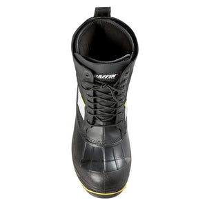 Top view of a black Baffin winter work boot with lace up closure and rubber toe cap
