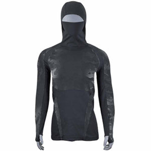 Seirus black long sleeve base layer with integrated hood and face mask on a mannequin