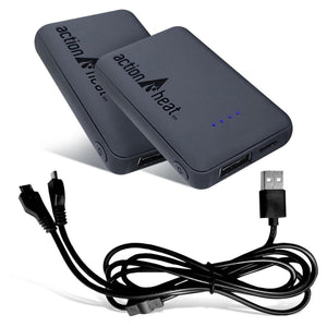Two ActionHeat power banks and a dual USB charging cable