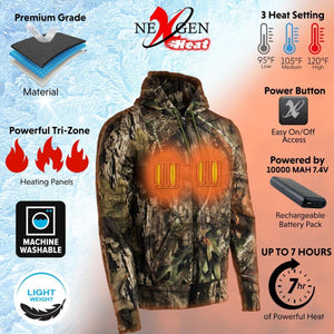 NexGen camo heated hoodie with three heat settings, tri-zone heating panels, and rechargeable battery pack