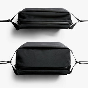 Top and side view of a black Bellroy sling bag