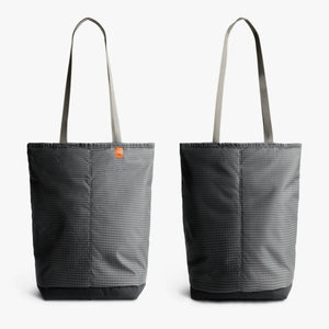 Front and back view of a grey grid pattern Bellroy tote bag with long shoulder straps