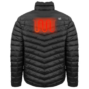 Back view of black Mobile Warming heated puffer jacket with glowing red heating element graphic on upper back