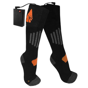 Black battery powered heated socks with orange gorilla logo and grey accents