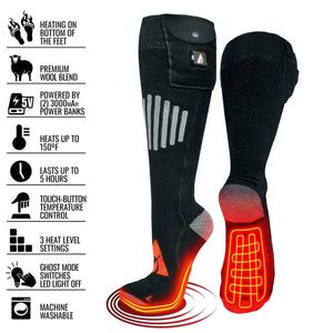 ActionHeat black heated socks with feature list including wool blend 5 hour battery life and 3 heat settings