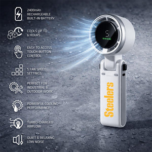 Pittsburgh Steelers handheld fan with digital display and eight feature icons
