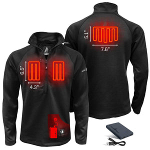 ActionHeat black quarter zip fleece showing heating element dimensions and power bank