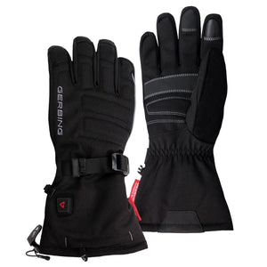 Pair of black Gerbing heated gloves with wrist strap and power button