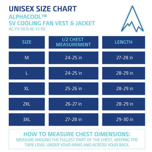 AlphaCool unisex size chart for 5V cooling fan vest and jacket with chest and length measurements