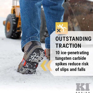 K1 Series ice cleats on a boot sole with ten tungsten carbide spikes for traction on snow
