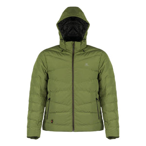 Mobile Warming olive green hooded puffer jacket with front zipper and side pockets