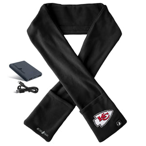 ActionHeat black fleece scarf with Kansas City Chiefs logo battery pack and charging cable