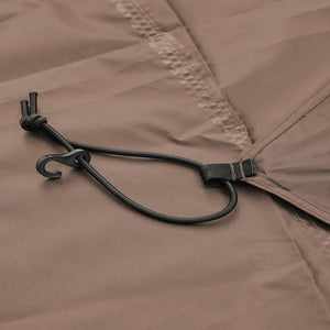 Brown fabric cover with black elastic cord and plastic hook