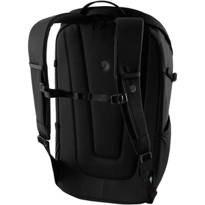 Back view of black FjallRaven backpack showing mesh back panel and adjustable shoulder straps