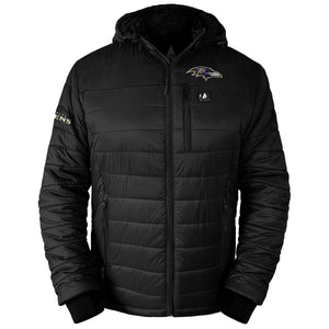 ActionHeat black Baltimore Ravens hooded puffer jacket with chest power button