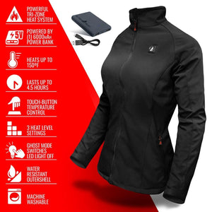 ActionHeat black heated jacket with power bank and feature list