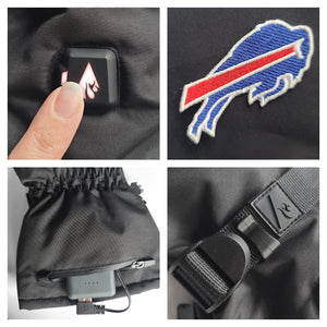 Close up of Buffalo Bills logo, battery pack, and power button on black heated gloves