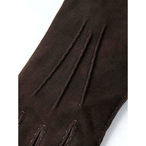 Hestra dark brown suede glove with decorative stitching on the back