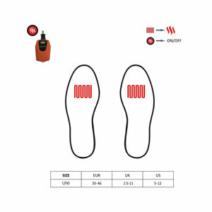 Glovii heated insole diagram with size chart and power control icon