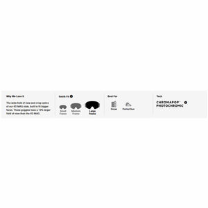 Smith goggles feature chart showing large fit for snow and partial sun with ChromaPop photochromic lens technology