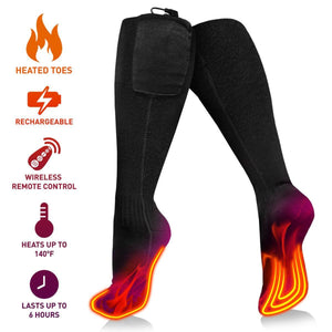 Black rechargeable heated socks with wireless remote control and six hour battery life