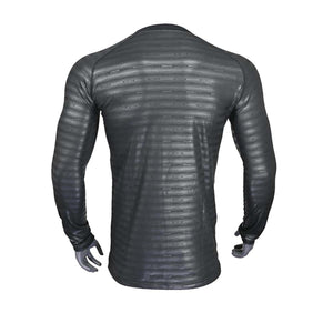 Back view of Seirus black long sleeve base layer shirt with repeating pattern