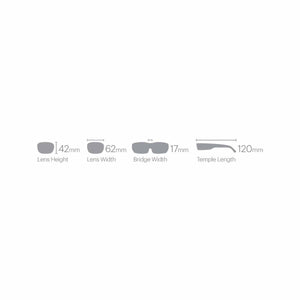 Diagram showing sunglasses measurements including lens height 42mm lens width 62mm bridge width 17mm and temple length 120mm