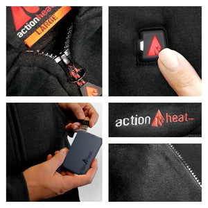 ActionHeat apparel features including size label, power button, battery pack, and brand logo