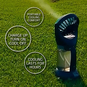 Portable misting fan on grass with text overlays highlighting cooling comfort and battery life