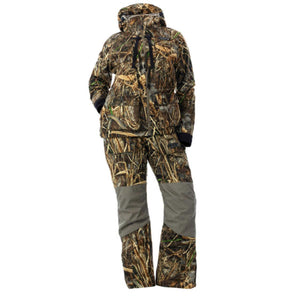 Womens camouflage hunting jacket and pants set with solid olive green knee panels