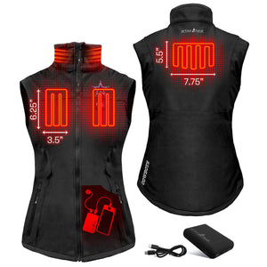 ActionHeat heated vest showing heating element dimensions and battery pack