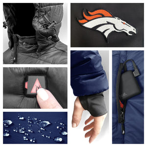 Denver Broncos heated jacket features including hood, team logo, power button, thumbhole cuffs, and battery pack