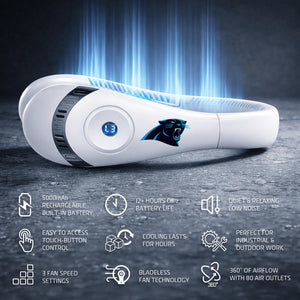 White Carolina Panthers neck fan with digital display and feature icons including battery life and airflow settings