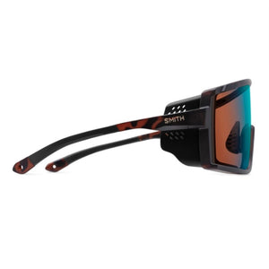 Smith tortoise shell sunglasses with side shields and reflective orange and blue lenses