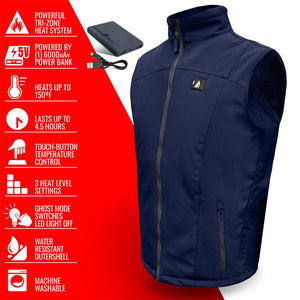 ActionHeat navy blue heated vest with power bank and feature list