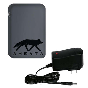 Aheata grey rectangular power bank with wolf logo and black wall charger