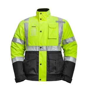 Mobile Warming high visibility yellow and black safety jacket with reflective strips and multiple pockets